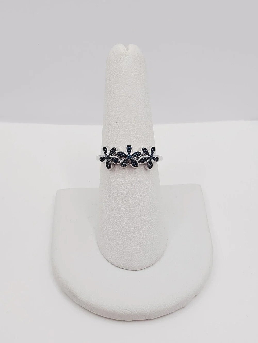 Genuine Blue Diamond Accent 925 Sterling Silver Floral Triple Flower Ring
